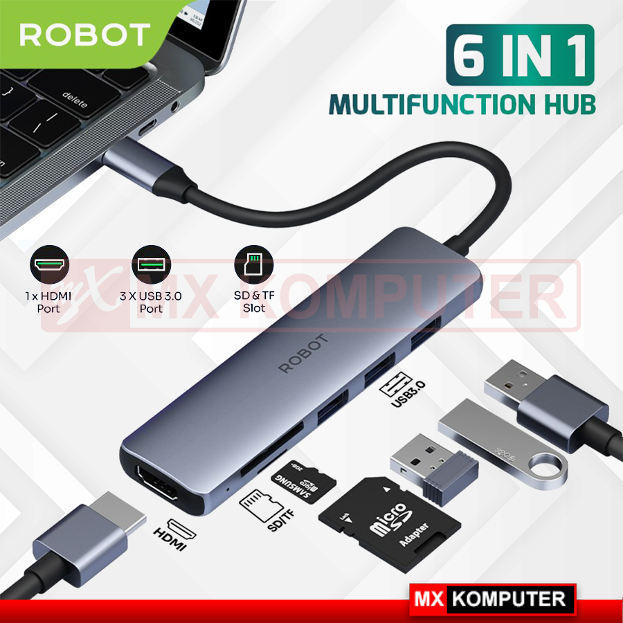 ROBOT HT360 6 in1 USB Type C HUB Adapter Portable | MX Komputer Jogja