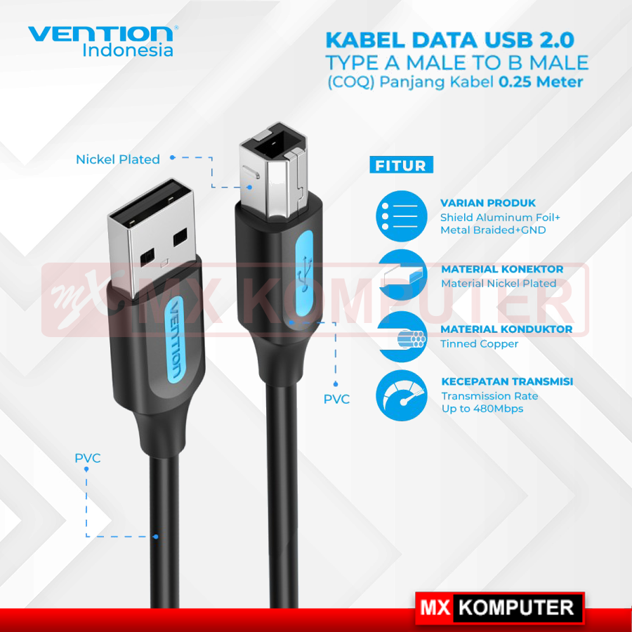 Lot De 10 Câbles USB 2.0 Vention – Type A Mâle Vers Type B Mâle – Pour Imprimante, Scanner
